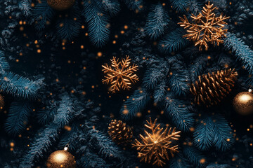 Fototapeta premium 3D illustration of golden snowflakes and pine branches on black background. Seamless Christmas pattern with golden ornaments and glitter effect, perfect for holiday decoration, gift wrapping