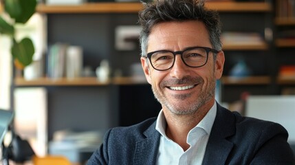 Fototapeta premium Happy middle aged professional business man, smiling mature executive ceo manager, 45 years old male entrepreneur, confident business owner wearing glasses in office. Headshot portrait 