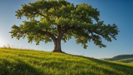 Fototapeta premium Large oak tree standing alone on grassy hill against blue sky with fluffy white clouds