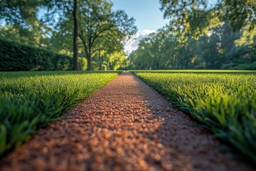 Obraz premium A serene walking path through a lush green park on a sunny afternoon in early summer