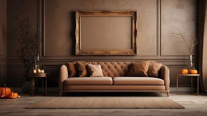Modern minimalist brown wall art mockup of luxury living room with sofa for Halloween, blank frame for wall art mockup of living room, Halloween and Christmas spooky scary vibes of the room interior