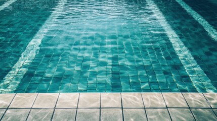 A swimming pool starting blocks with tiled lanes, outdoor setting with clear water, Invigorating style