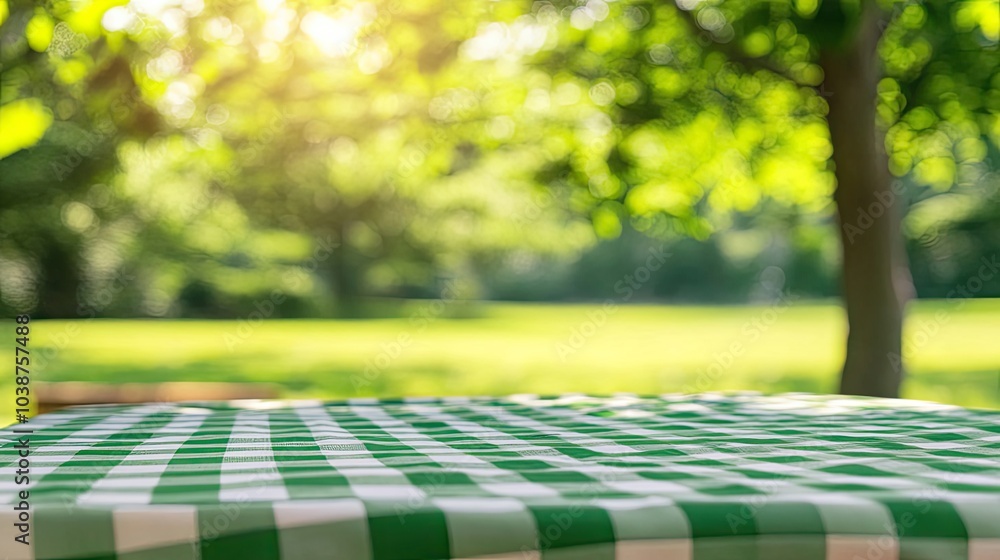 Poster summer picnic table in a lush green park with open space generative ai