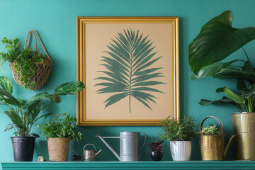 vibrant interior scene featuring green wall adorned with framed leaf print. Various potted plants, including ferns and succulents, are arranged on shelf, creating refreshing and lively atmosphere