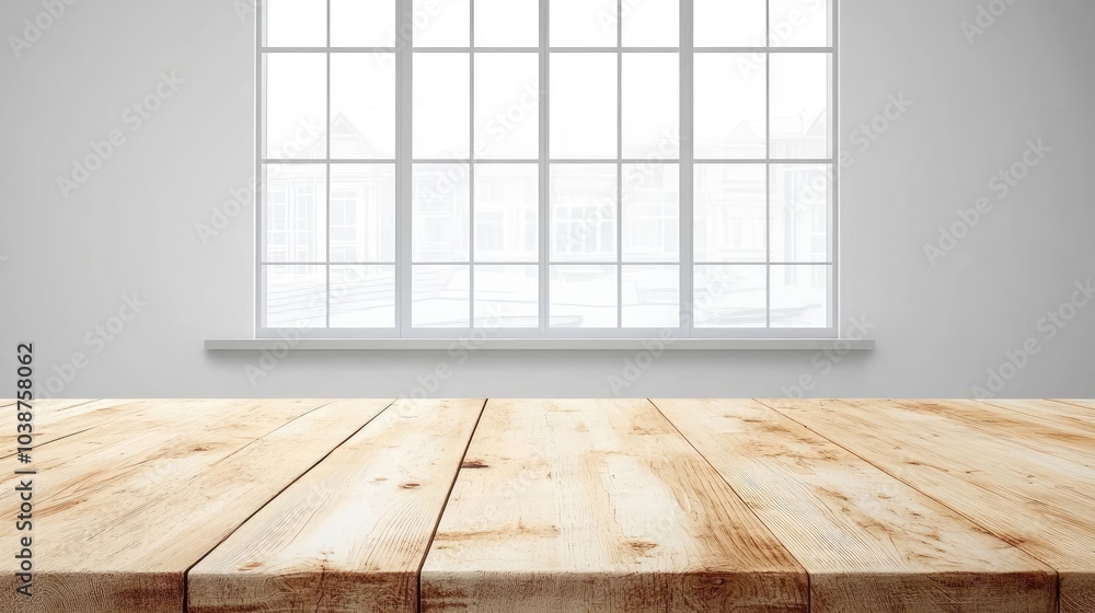 Poster bright spring light streaming through large window onto wooden table generative ai