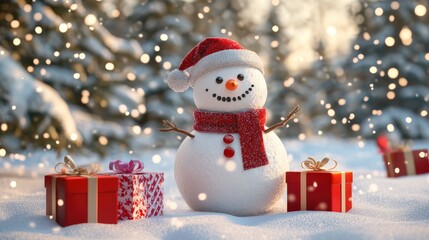 Fototapeta premium snowman and gifts flat design front view North Pole theme 3D render 