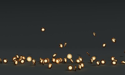 Cryptocurrency concept. Golden glowing coins flying and falling on dark background. 3d rendering 