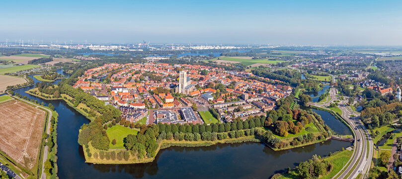 Aerial panorama from the historical town Brielle near Rotterdam in the Netherlands