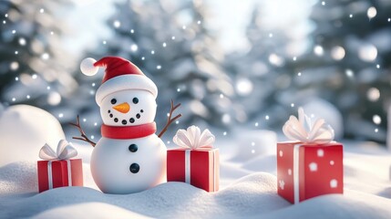 snowman and gifts flat design front view North Pole theme 3D render 