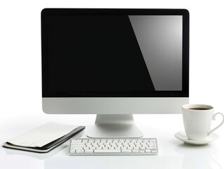 Fototapeta premium A simple work desk setup with a desktop computer, a notebook, and a cup of coffee isolated on white
