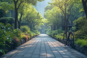 Obraz premium A peaceful morning stroll on a tree-lined pathway with a bicycle parked nearby in a serene park