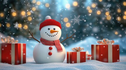 Obraz premium snowman and gifts flat design front view North Pole theme 3D render 