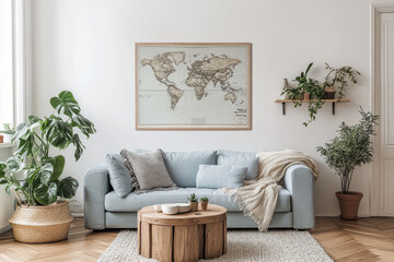 cozy living room featuring light blue sofa adorned with soft cushions, wooden coffee table, and world map on wall. space is enhanced by indoor plants, creating warm and inviting atmosphere