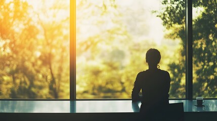 Silhouette of a Person Looking Out a Window with a Cup of Coffee on a Table