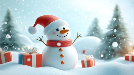 Obraz premium snowman and gifts flat design front view North Pole theme 3D render 