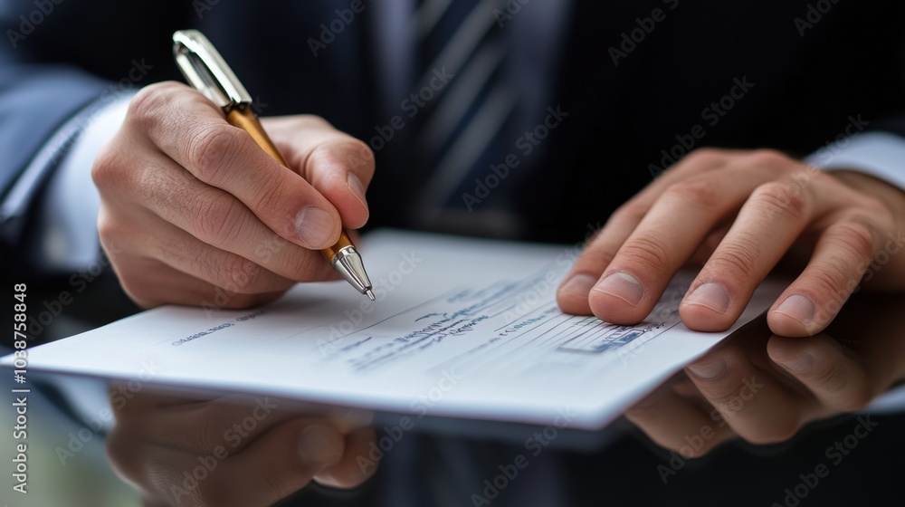 Poster a businessman signing a contract while handing over a check, symbolizing a financial transaction.