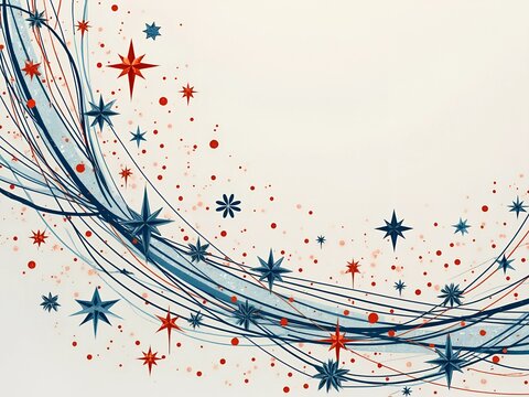 Christmas and Happy New Year design with bluw and red stars and abstract lines on white background