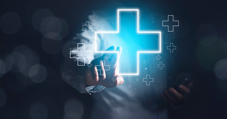 man touching plus or cross sign in screen