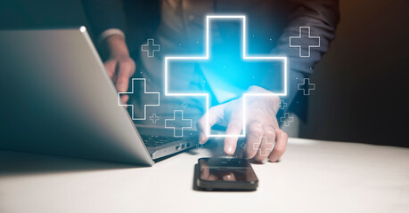 man touching plus or cross sign in screen