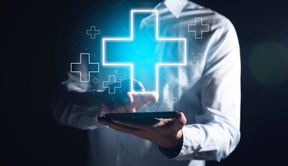 man touching plus or cross sign in screen