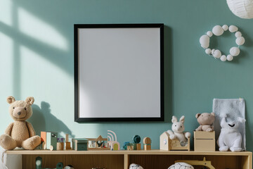 cozy childrens room featuring blank frame on mint green wall, surrounded by various toys and plush animals, creating warm and inviting atmosphere