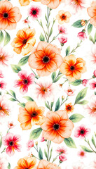 Beautiful seamless floral pattern with watercolor hand drawn gentle summer flowers. Stock illustration. Natural artwork isolated with white highlights, png