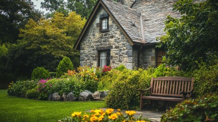 A charming stone house with a lush garden filled with colorful flowers, green shrubs, and a wooden bench.