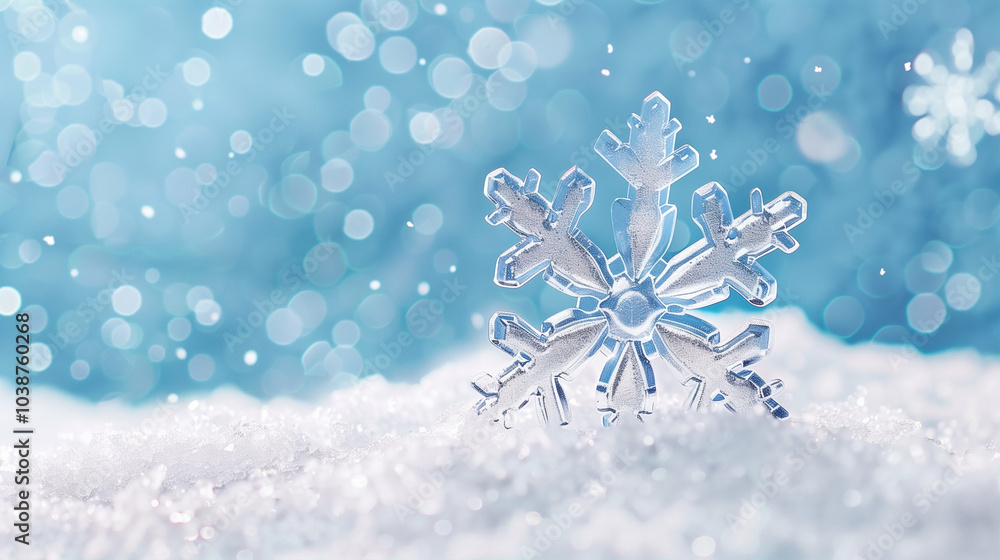 Poster snowflake on shimmering winter background with soft bokeh effect and sparkling snow