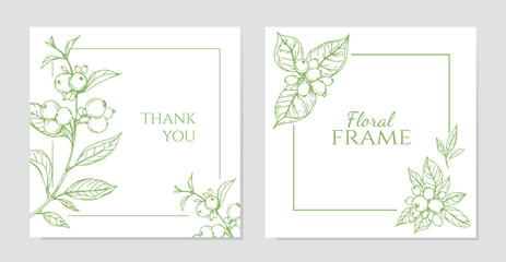 Floral background for square cards with hand drawn berries and leaves sketches.design templates for wedding invitation, card, poster, social media