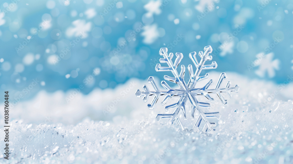 Poster snowflake on snow in winter wonderland with soft bokeh background