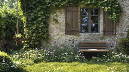 Obraz premium A charming stone house with a rustic garden, featuring ivy-covered walls, wildflowers, and a wooden swing.