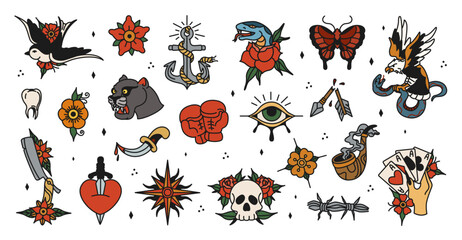 Old school tattoos, traditional style born in USA. Vector set - swallow, razor, wind rose, skull, eagle, snake, panther head, boxing gloves, anchor and others. Old school tattoo, vector graphic set