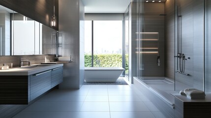 A clean bathroom with a modern vanity, stylish fixtures, and a large walk-in shower.