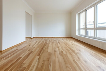 Fototapeta premium A spacious, empty room with light wooden flooring and large windows allowing natural light. The walls are painted in a neutral color, creating a bright and airy atmosphere. 