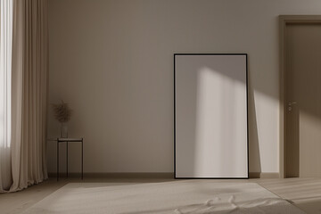 A minimalist interior scene blank framed canvas leaning against a wall. Soft sunlight filters through sheer curtains, casting gentle shadows on the floor. A small side table with a decorative vase
