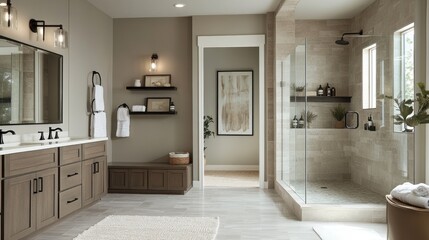 A clean bathroom with a modern vanity, stylish fixtures, and a large walk-in shower.