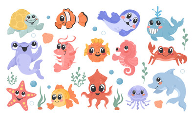 Cute sea creatures, set with illustrations of sea creatures, fish and animals, kind and cute illustrations for children. Cartoon sea characters, ocean inhabitants, isolated on white background. Vector