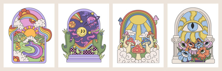 Groovy arches with a retro vibe, psychedelic trippy, retro elements, rainbows, planets, mushrooms, an all-seeing eye. Groovy vibe posters, Landscapes, trippy, hipster, freedom, 90s, y2k. Vector