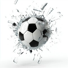 Fototapeta premium Classic soccer ball smashing through glass. Isolated on white background.