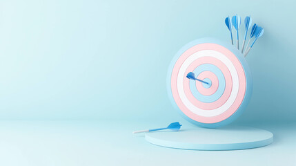 colorful target with blue darts on light blue background, symbolizing focus and precision in achieving goals. scene conveys sense of determination and success