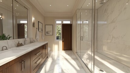 A clean, elegant bathroom featuring a double sink vanity, marble floors, and a large walk-in shower.