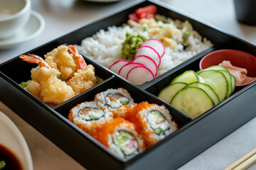 Japanese bento box with perfectly arranged sushi rolls, tempura, and rice, decorated with fresh slices of cucumber and radish.