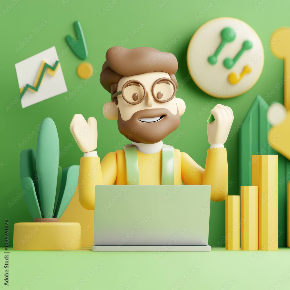 Poster cheerful character in 3d style is celebrating success while working on laptop, surrounded by vibrant