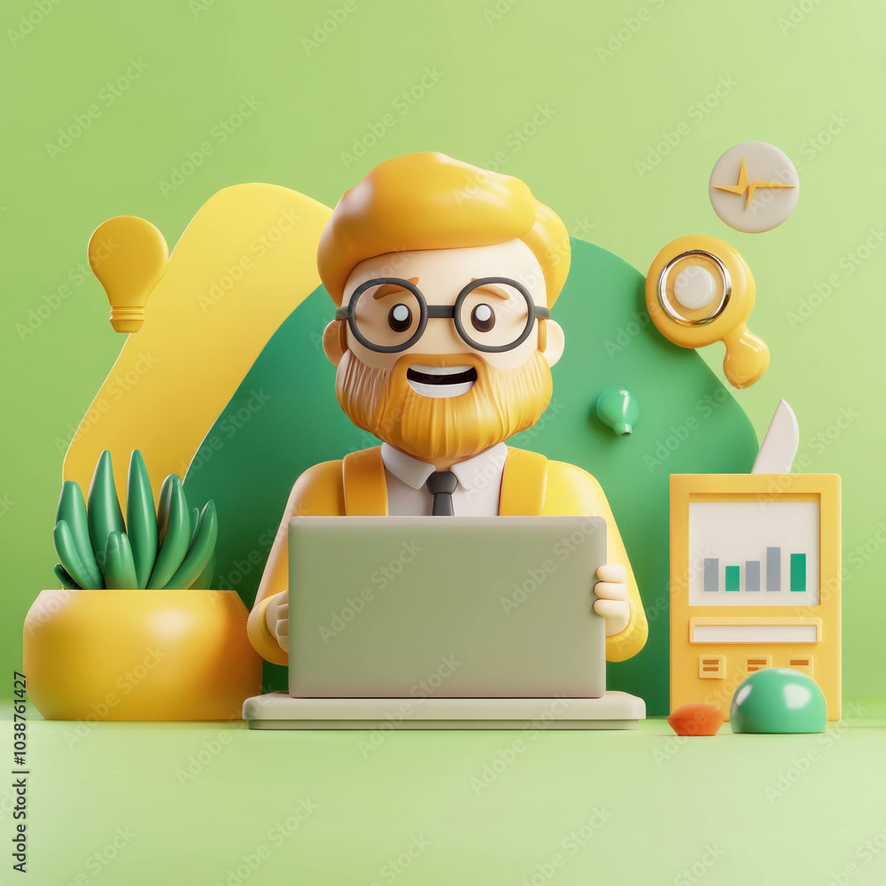 Poster cheerful 3d character with glasses and beard is working on laptop, surrounded by colorful office ele