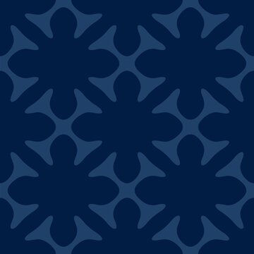 Floral geometric seamless pattern. Abstract vector ornament texture with flower shapes, crosses, tiles, grid, lattice. Simple dark blue minimal elegant background. Repeated design for decor, textile