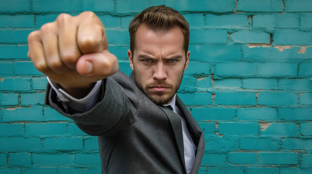 Confident businessman powerfully punching in front of teal brick wall