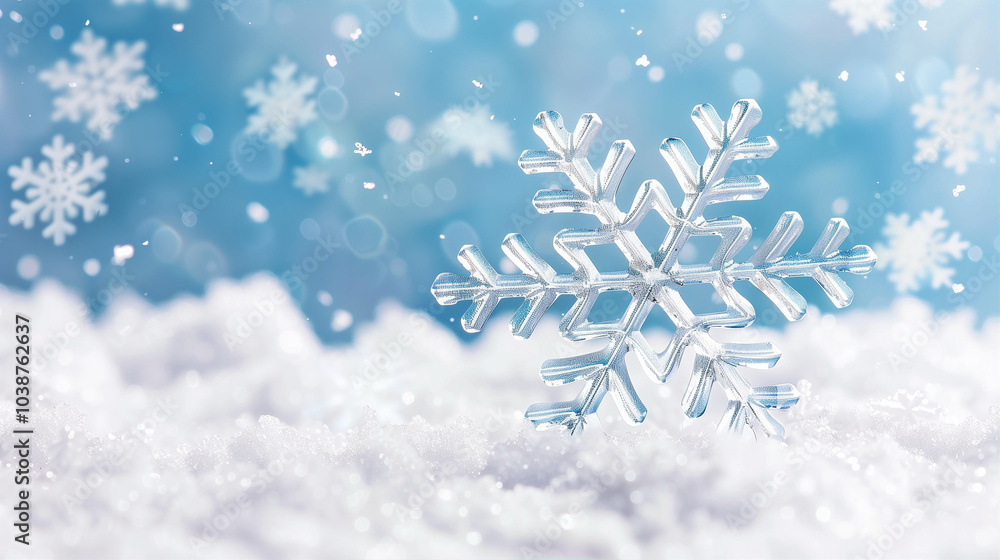 Poster snowflake sparkling in winter wonderland atmosphere with soft snow background and delicate snowflake