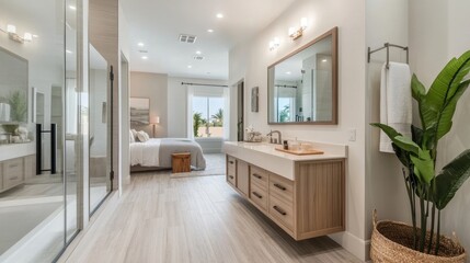 Fototapeta premium A clean, modern bathroom with a floating vanity, glass shower enclosure, and natural wood accents.