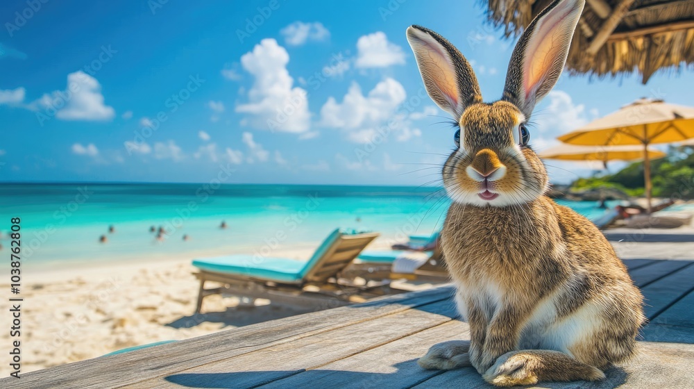 Poster curious rabbit relaxes on a tropical beach with emerald waters generative ai