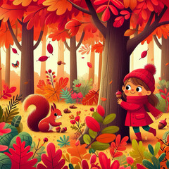 Little Girl Playing in the woods with a squirrel at the height of autumn 